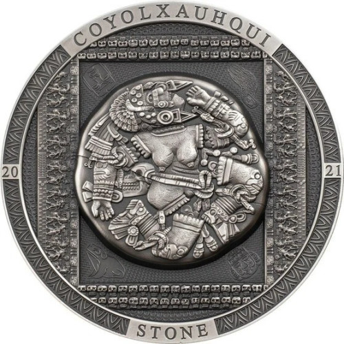 AZTEC COYOLXAUHQUI STONE 3 oz Silver Antique Coin Cook Islands 2021 AZTEC COYOLXAUHQUI STONE 3 oz Silver Antique Coin Cook Islands 2021