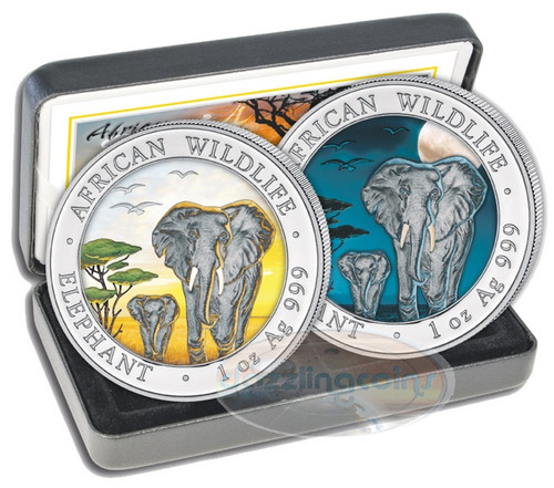 2015 Somalia 1 oz 2 Silver Coins- African Elephant - Color Day-Night Set