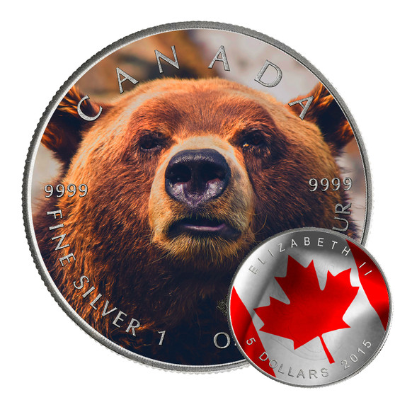 GRIZZLY BEAR - CANADIAN WILDLIFE SERIES - 2016 1 oz Pure Silver Coin - Color & Antique Finish