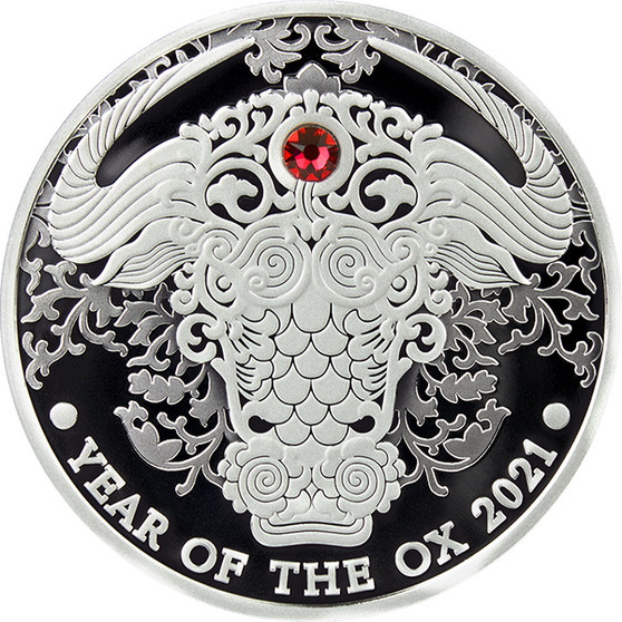 OX Lunar Year Silver Coin with Crystal insert 2 Cedis Ghana 2021