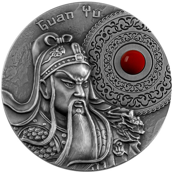 GUAN YU 2 oz Silver Antique Finish Coin with Coral Jasper Niue 2021