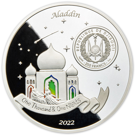 ALADDIN 1001 NIGHTS 5 oz. Silver Coin 250 Francs Djibouti 2022