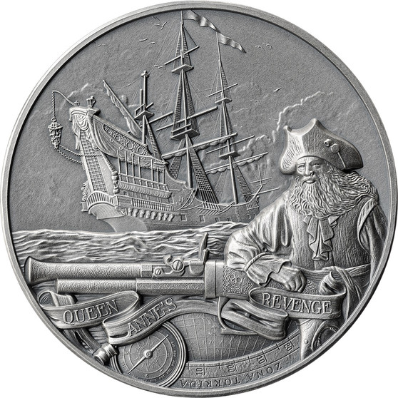 QUEEN ANNE REVENGE Captains of Fortune 2 oz Silver Coin Barbados 2023