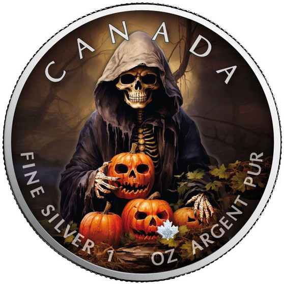 SMILING SKELETON Halloween Edition  Maple Leaf 1 oz Silver Coin Canada 2023
