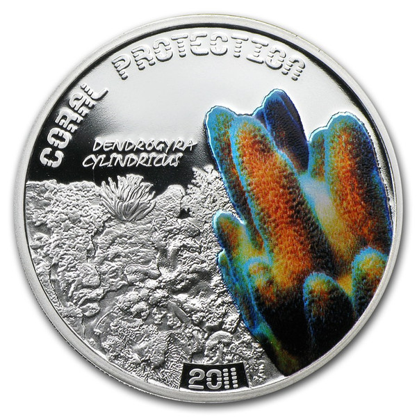 CORAL Dendrogyra cylindricus Tuvalu $1 2011 Silver Proof Coin