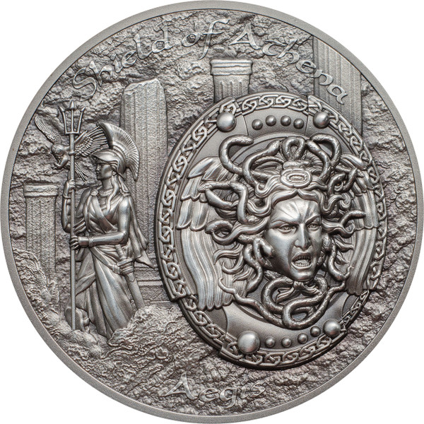 Shield of Athena -  AEGIS w/ MEDUSA  2 Oz Silver Coin  Cook Islands 2018