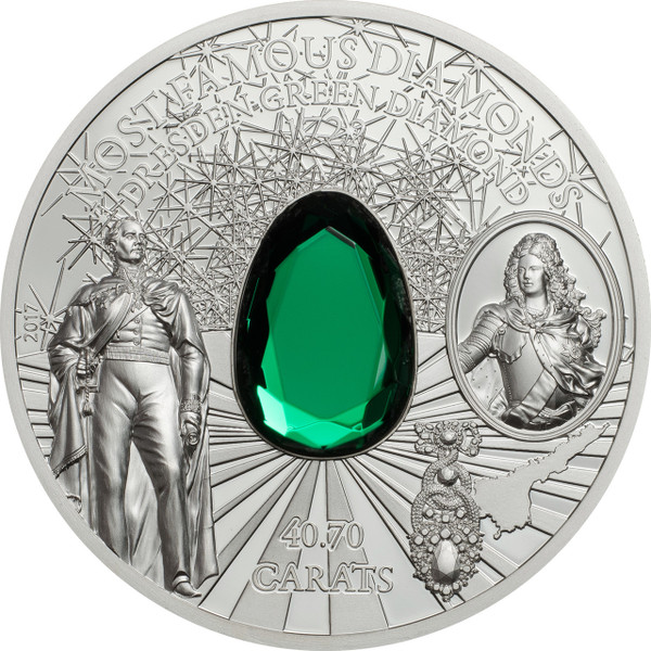 DRESDEN GREEN DIAMOND 2 Oz Silver Coin 10$ Cook Islands 2017 DRESDEN GREEN DIAMOND 2 Oz Silver Coin 10$ Cook Islands 2017