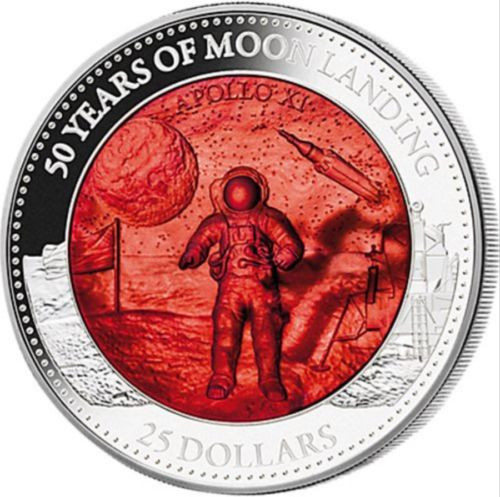 MOON LANDING 50th. Ann. Mother Of Pearl 5 Oz Silver Coin Solomon Islands 2019