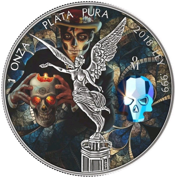 CRYSTAL SKULL Day of the Dead Libertad 1 Oz Silver Coin Mexico 2018