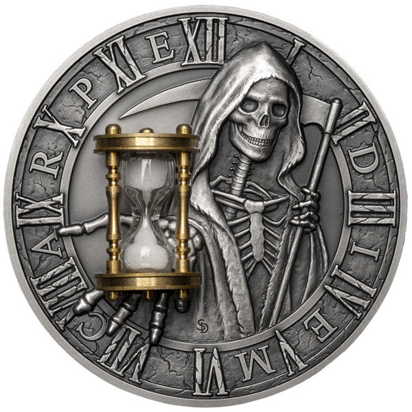 CARPE DIEM Grim Reaper Hourglass 2 Oz Silver Coin 5$ Niue 2018