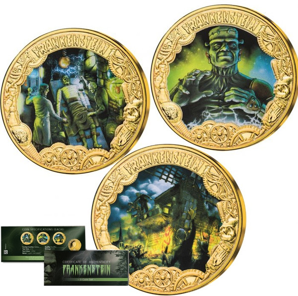 FRANKENSTEIN 200th Ann. Set 3 Gold Plated Coins - Glow in Effect Tokelau 2019