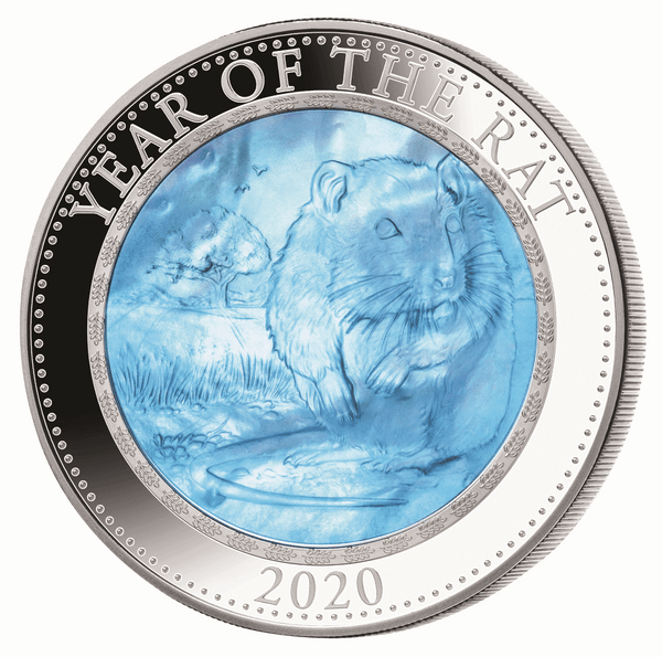 RAT Mother of Pearl Lunar Year 5 Oz Silver Coin 25$ Cook Islands 2020