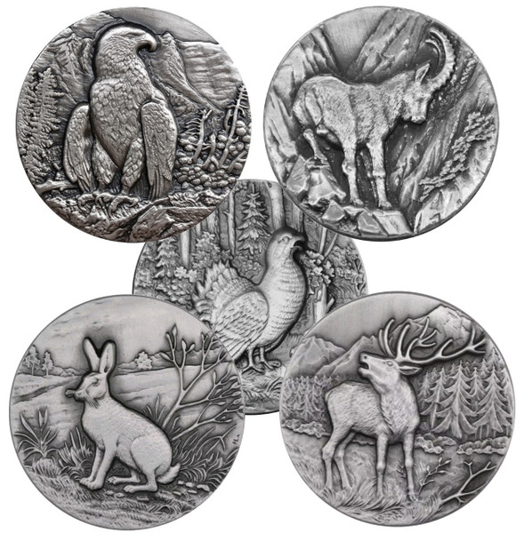 SWISS Wildlife ·Complete 5 Coins Ultra High Relief 1 oz Silver 2014-6 Niue