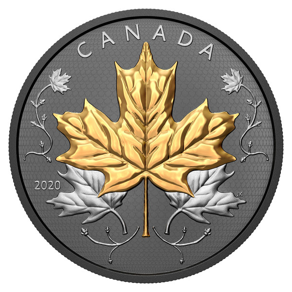 MAPLE LEAVES MOTION 5 oz Silver Proof Coin Gold & Rhodium Coin $50 Canada 2020