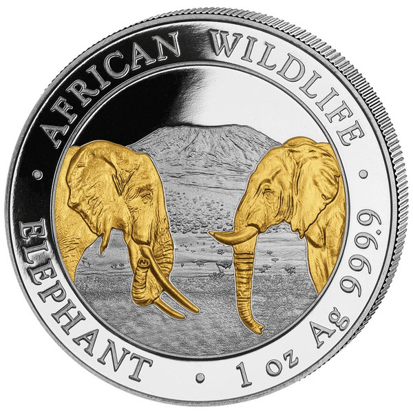 ELEPHANT African Wildlife 1 oz Silver Gilded Coin Somalia 2020