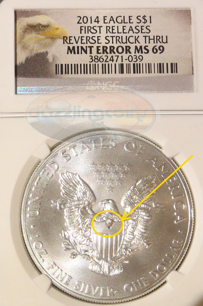 2014 $1 1-OZ SILVER EAGLE NGC MS69 REV STRUCK THRU