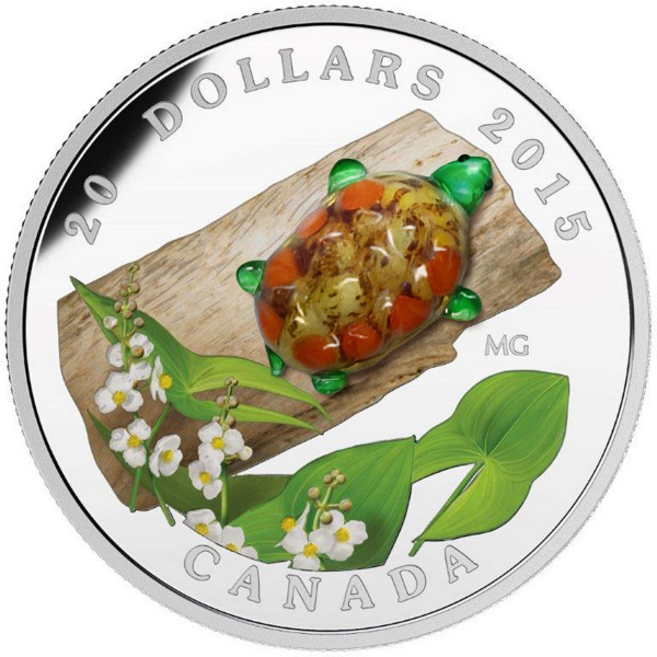 2015 1 oz $20 Silver Coin - Venetian Glass Turtle with Broadleaf Arrowhead Flower