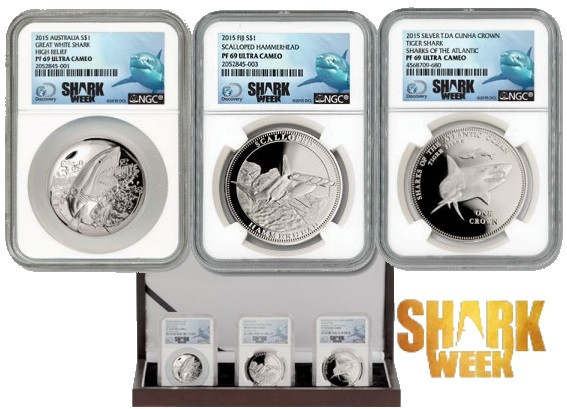 2015 1-oz Silver Shark Collection NGC PF69 3pc