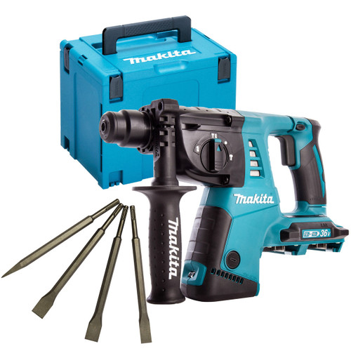 Makita DHR263ZJ 36V SDS+ Rotary Hammer Drill with 4 Piece Chisel Set - MonkeyTools
