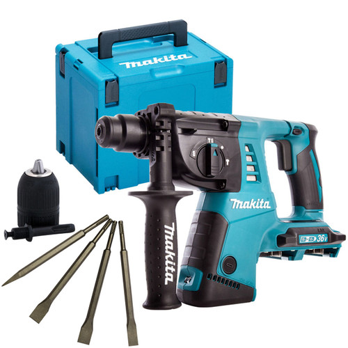Makita DHR263ZJ 36V SDS+ Hammer Drill with 4 Piece Chisel Set & Keyless Chuck - MonkeyTools
