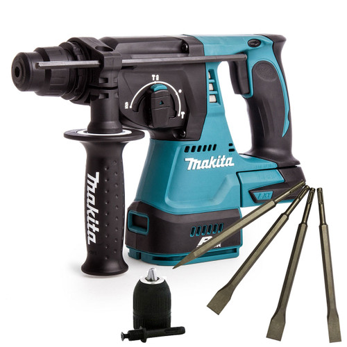 Makita DHR242Z 18V Brushless Hammer Drill & 4 Piece Chisel Set + Keyless Chuck - MonkeyTools