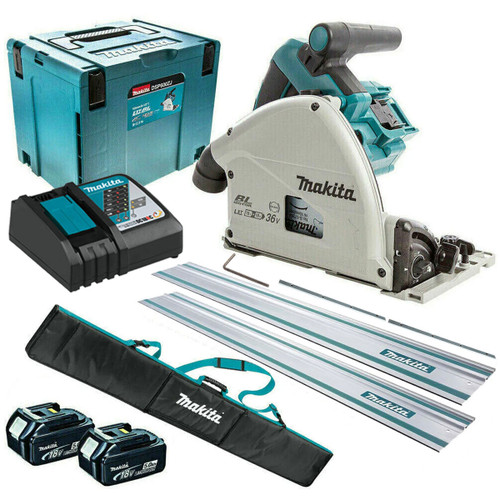 Makita DSP600ZJ 36V Brushless 165mm Plunge Saw with 2 x 5.0Ah Battery & Charger + Accessories - MonkeyTools