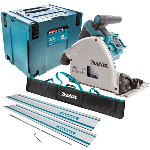 Makita DSP600ZJ 36V Brushless 165mm Plunge Saw with 2 x 1.5m Guide Rail & Case + Rail Bag - MonkeyTools