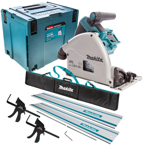Makita DSP600ZJ 36V Brushless Plunge Saw with 2 x Guide Rail, Clamp, Bag & Case - MonkeyTools