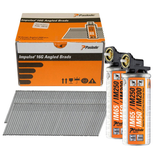 Paslode IM65A 300273 16gx51mm ELGV Angled Electro Galvanised Brad Fuel Pack 2000/Box with 2 Fuel Cell - MonkeyTools