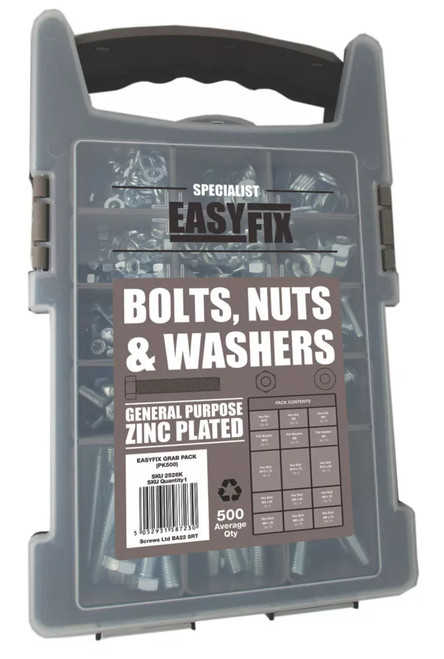 EASYFIX BRIGHT ZINC-PLATED MIXED BOLTS, NUTS & WASHERS PACK 500 PIECE SET - MonkeyTools EASYFIX BRIGHT ZINC-PLATED MIXED BOLTS, NUTS & WASHERS PACK 500 PIECE SET - MonkeyTools