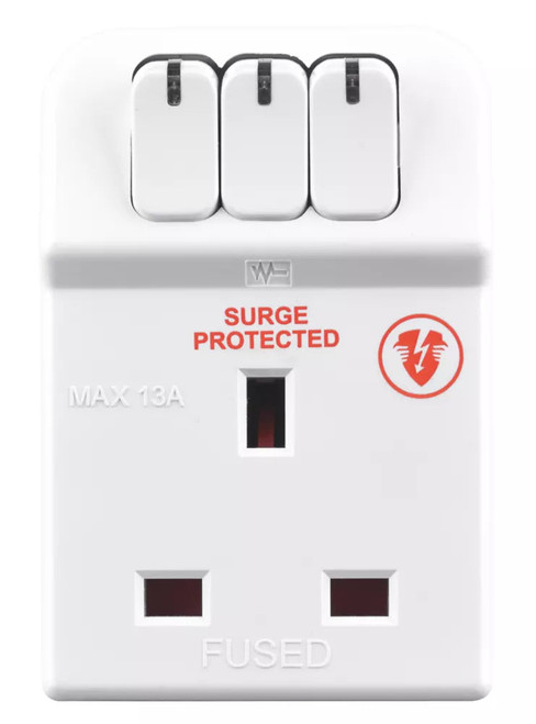 MASTERPLUG 13A FUSED 3-WAY SURGE-PROTECTED PLUG ADAPTOR WHITE - MonkeyTools