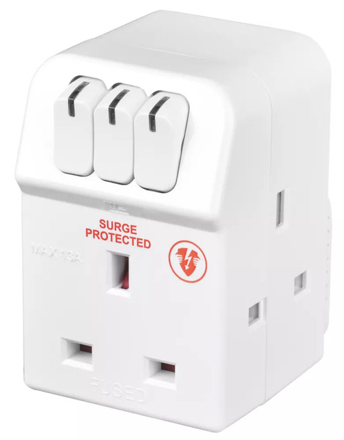 MASTERPLUG 13A FUSED 3-WAY SURGE-PROTECTED PLUG ADAPTOR WHITE - MonkeyTools