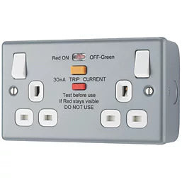BRITISH GENERAL 13A 2-GANG SP SWITCHED METAL CLAD PASSIVE TYPE A RCD SOCKET WITH WHITE INSERTS - MonkeyTools