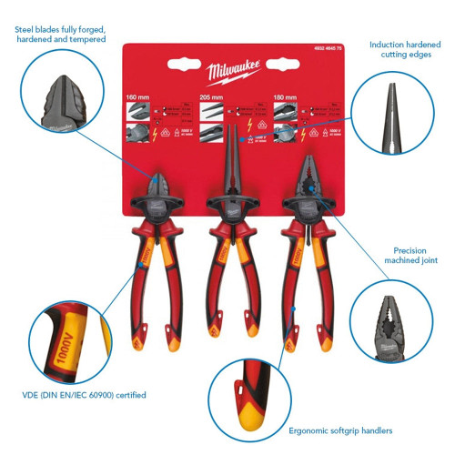 Milwaukee VDE Pliers 3pc Set Diagonal Cutter, Long Round Nose Plier, Combi Plier 4932464575 - MonkeyTools