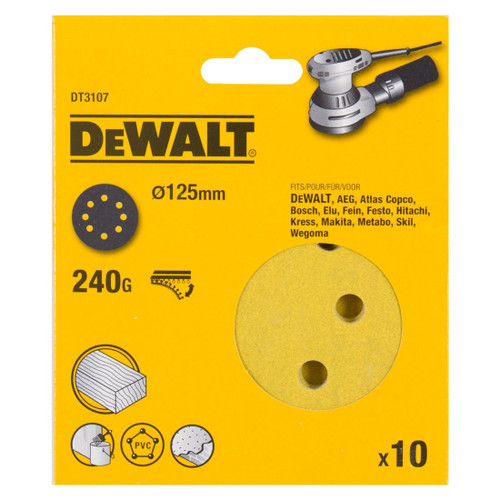 DEWALT DT3107-QZ ROS QUICK FIT SANDING DISCS 125MM 240 GRIT X10 PCS FOR DCW210N & DWE6423 - MonkeyTools
