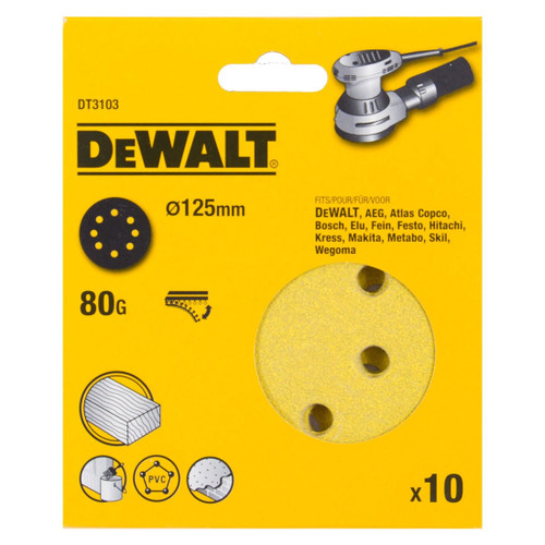 DEWALT DT3103-QZ ROS QUICK FIT SANDING DISCS 125MM 80 GRIT X10 PCS FOR DCW210N & DWE6423 - MonkeyTools