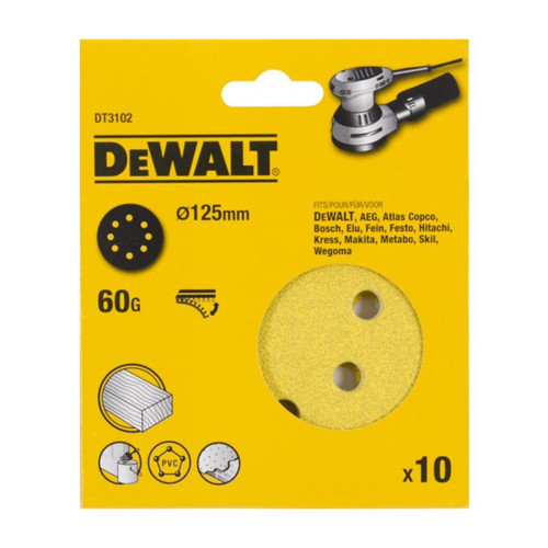 DEWALT DT3102-QZ ROS QUICK FIT SANDING DISCS 125MM 60 GRIT X10 PCS FOR DCW210N & DWE6423 - MonkeyTools