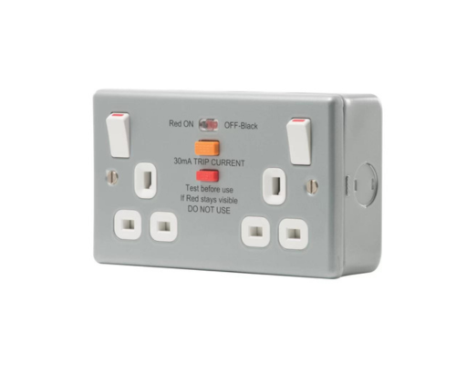 BRITISH GENERAL 13A 2-GANG SP SWITCHED METAL CLAD PASSIVE RCD SWITCHED SOCKET WITH WHITE INSERTS - MonkeyTools