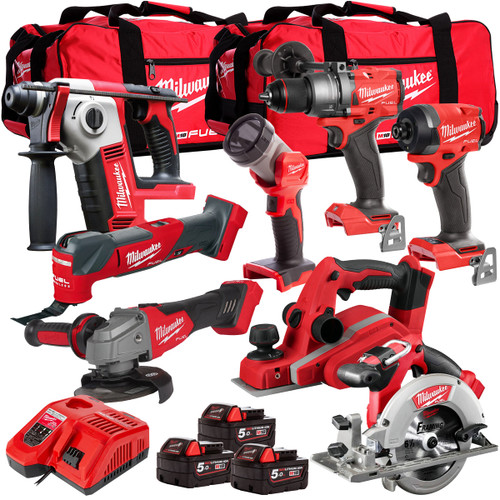 Milwaukee 18V Cordless 8 Piece Tool Kit with 3 x 5.0Ah Batteries & Charger in Bag T4TM-3 - MonkeyTools