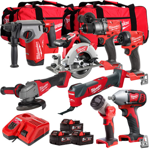 Milwaukee 18V Cordless 8 Piece Tool Kit with 3 x 5.0Ah Batteries & Charger in Bag T4TM-4 - MonkeyTools