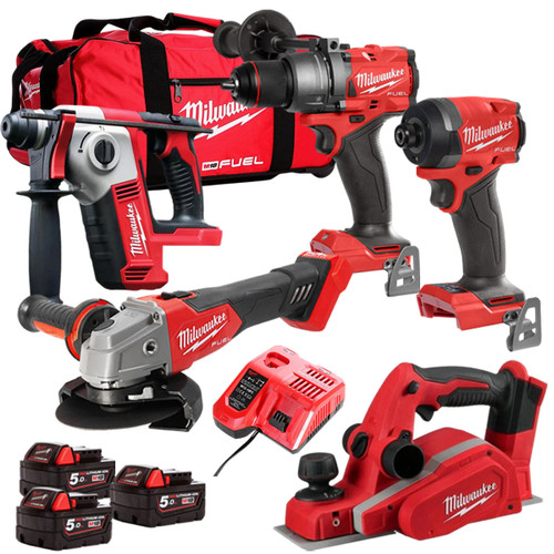 Milwaukee 18V Cordless 5 Piece Tool Kit with 3 x 5.0Ah Batteries & Charger in Bag T4TM-15 - MonkeyTools