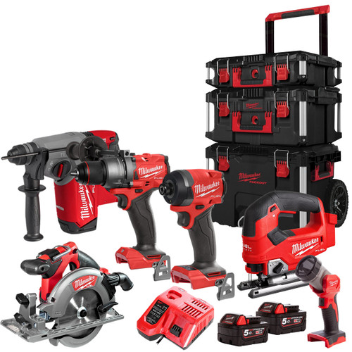 Milwaukee 18V Fuel Brushless 6 Piece Power Tool Kit With 2 x 5.0Ah Battery Charger & Trolley Toolbox - MonkeyTools