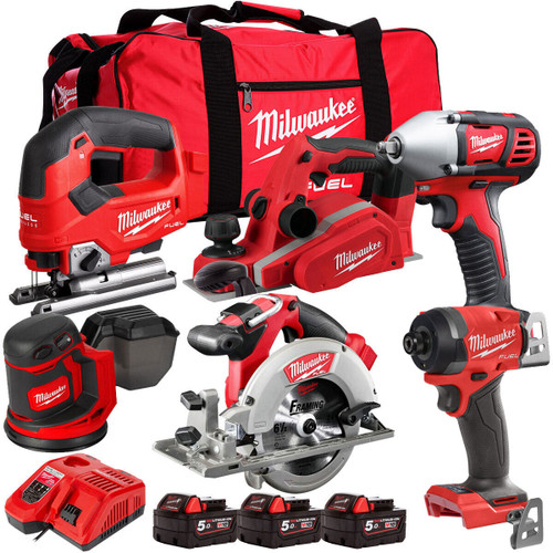 Milwaukee 18V Cordless 6 Piece Tool Kit with 3 x 5.0Ah Batteries & Smart Charger in Bag - MonkeyTools