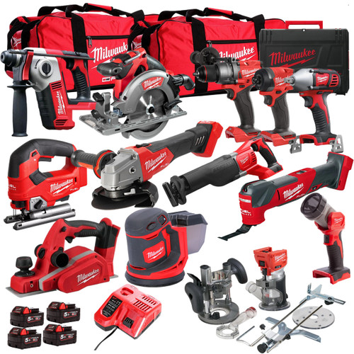 Milwaukee 18V Cordless 13 Piece Tool Kit with 4 x 5.0Ah Batteries & Charger in Bag T4TM-11 - MonkeyTools