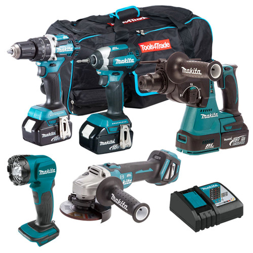 Makita 18V 5 Piece Tool Kit 3 x 5.0Ah Batteries & Charger T4TKIT-6572 - MonkeyTools