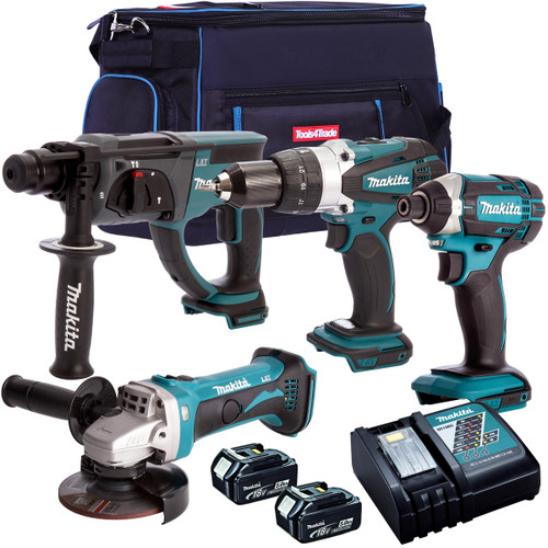 Makita 4 Piece 18V Li-ion with 2 x 5.0Ah Batteries & Charger T4TKIT-152 Makita 4 Piece 18V Li-ion with 2 x 5.0Ah Batteries & Charger T4TKIT-152