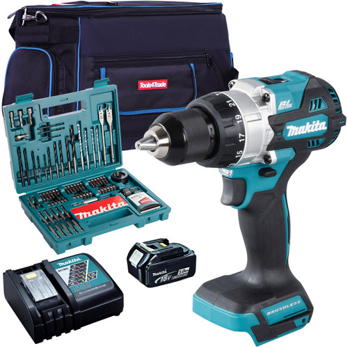 Makita DHP486Z 18V Brushless Combi Drill with 1 x 5.0Ah Battery + Charger + 100 Accessories & Tool Bag - MonkeyTools
