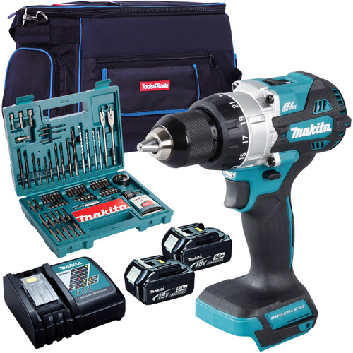 Makita DHP486Z 18V Brushless Combi Drill with 2 x 5.0Ah Battery + Charger + Accessories & Tool Bag - MonkeyTools