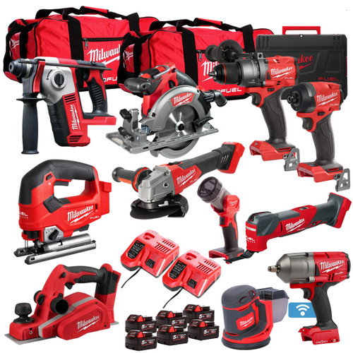 Milwaukee 18V Cordless 11 Piece Tool Kit with 6 x 5.0Ah Batteries & Charger in Bag T4TKIT-512 - MonkeyTools