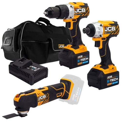 JCB21-18TPKMT-5 18V Brushless Combi Drill, Impact Driver & Multi Tool Kit with 2 x 5.0ah Batteries, Charger & Bag - MonkeyTools